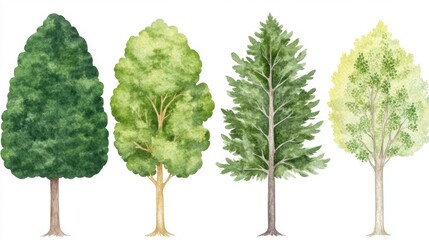 Four different types of trees illustrated in watercolor against a white background. Each tree displays unique foliage color and shape, showcasing