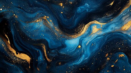 Elegant Blue and Gold Abstract Swirls with Glittering Highlights Texture