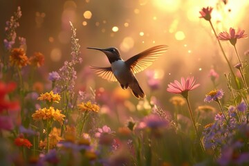 Fototapeta premium Hummingbird in flight over a vibrant, sunlit wildflower meadow.