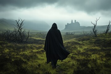 Hooded figure in a black cloak walking towards ancient ruins in a misty landscape, evoking a dark and mysterious fantasy atmosphere