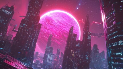 Obraz premium A massive planetary alignment over a neon-lit cyberpunk city, reflecting cosmic shadows on glass towers