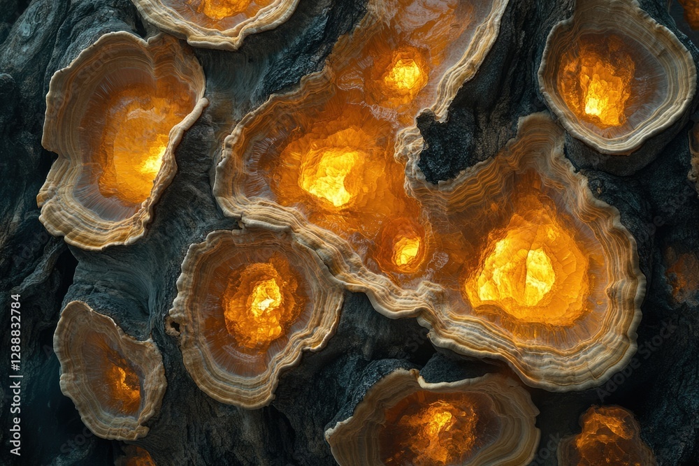 Poster glowing amber fungi illuminate a dark tree trunk, creating a mesmerizing natural light show.