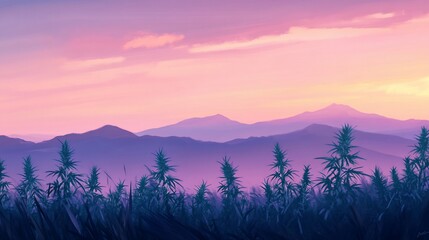 Tranquil Mountain Landscape with Cannabis Field at Pastel Sunset