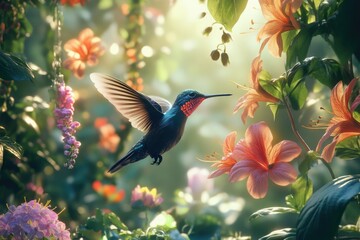 Naklejka premium A vibrant hummingbird hovers amidst a breathtaking garden of colorful flowers, bathed in sunlight.