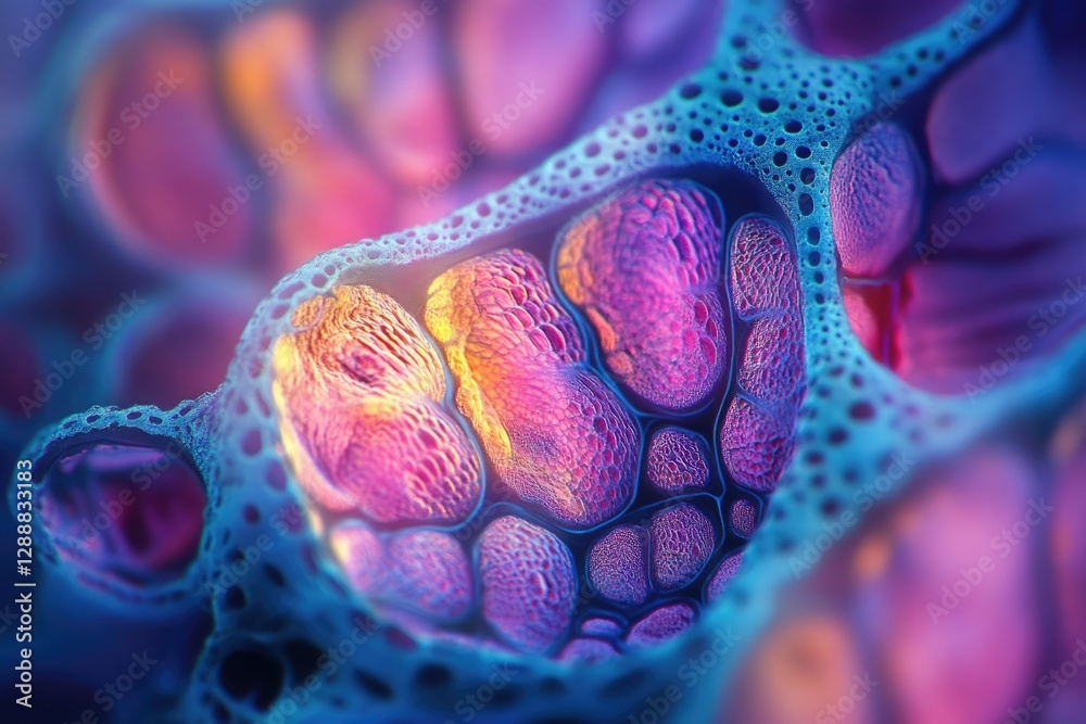 Poster abstract microscopic image showcasing vibrant, interconnected cells with a textured surface, resembl
