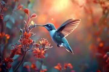 Obraz premium A hummingbird hovers near vibrant orange flowers, bathed in warm sunlight, a breathtaking scene of nature's beauty.
