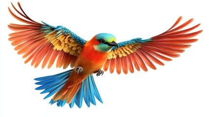 Fototapeta premium Vibrant bird in flight, wings spread wide, showcasing detailed plumage in shades of red, orange, yellow, blue, and green against a white background. 