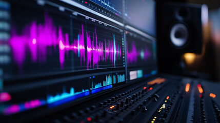 Fototapeta premium Computer screen displaying an audio editing program with visual sound waves from a vocal recording session