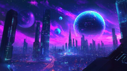 A massive planetary alignment over a neon-lit cyberpunk city, reflecting cosmic shadows on glass towers