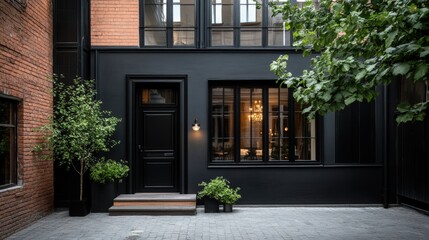 Modern black house facade with large windows, brick walls, and lush greenery, creating a stylish and elegant exterior