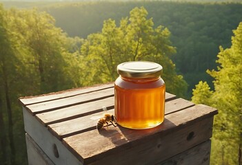 Fototapeta premium A jar of honey stands on the roof of a hive in the middle of an incredibly beautiful forest.tree, lamp, signs, wilderness, lantern, rustic, bird, home,76