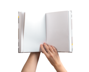 holding an open, blank book or notebook with both hands, showcasing the clean pages for reading or design purposes. for presentations, business use, or educational content. Isolated on a white