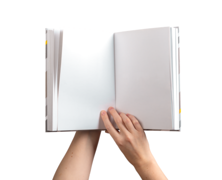 holding an open, blank book or notebook with both hands, showcasing the clean pages for reading or design purposes. for presentations, business use, or educational content. Isolated on a white