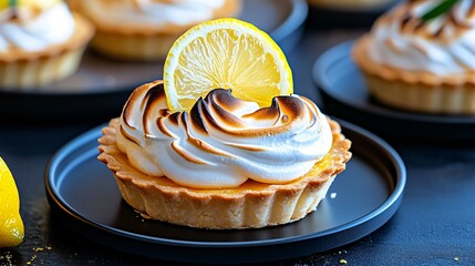 Delicious Lemon Meringue Tart on Black Plate with Fresh Lemon Slice and Toasted Meringue Topping