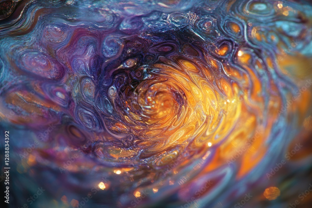 Poster abstract swirling vortex of vibrant colors, resembling a cosmic nebula or fluid dynamics.