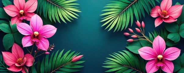 Intricate palm frond & orchid pattern, vibrant color palette, tropical, lush