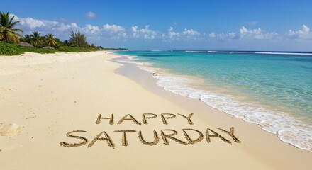 Happy Saturday Message Written on Beach Sand with Turquoise Sea