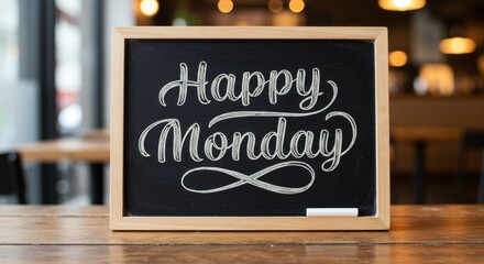 Happy Monday Message on Chalkboard Sign in Cozy Cafe Setting