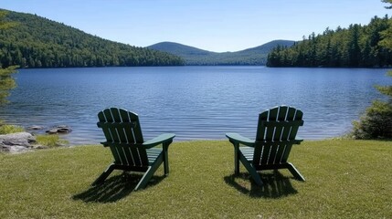 Obraz premium Two green wooden chairs sit on lush grass beside a tranquil lake with mountains and trees in bright sunlight