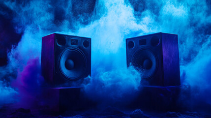 Conceptual representation of powerful sound speakers dispersing powder in vibrant blue neon...