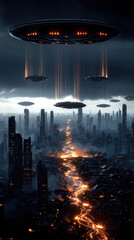 Earth demise Doomsday. Futuristic cityscape with hovering UFOs and glowing lava-like river.