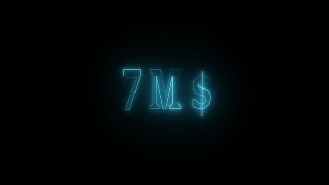 7 Million dollar, Neon abstract green glowing 7M$ text animation on black background.