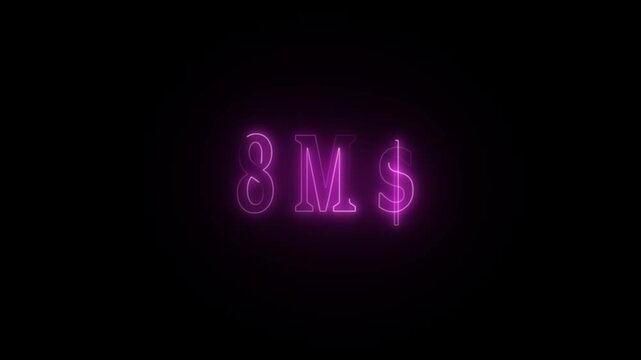 8 Million dollar, Neon abstract green glowing 8M$ text animation on black background.