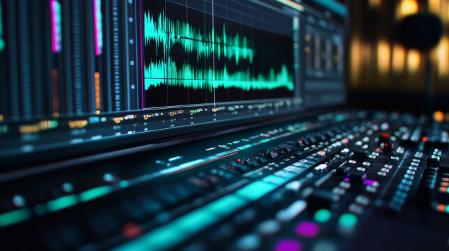 Digital interface of an audio editing program showing sound waves from a recorded voiceover session