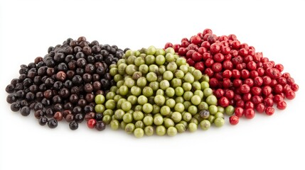 Three piles of peppercorns black, green, and red, arranged on a white background.  Close up view showcasing the texture and color variations of the