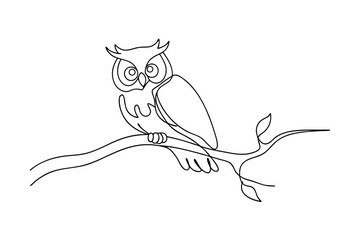 Single Line Owl Drawing, Perched on Branch, Bird Art