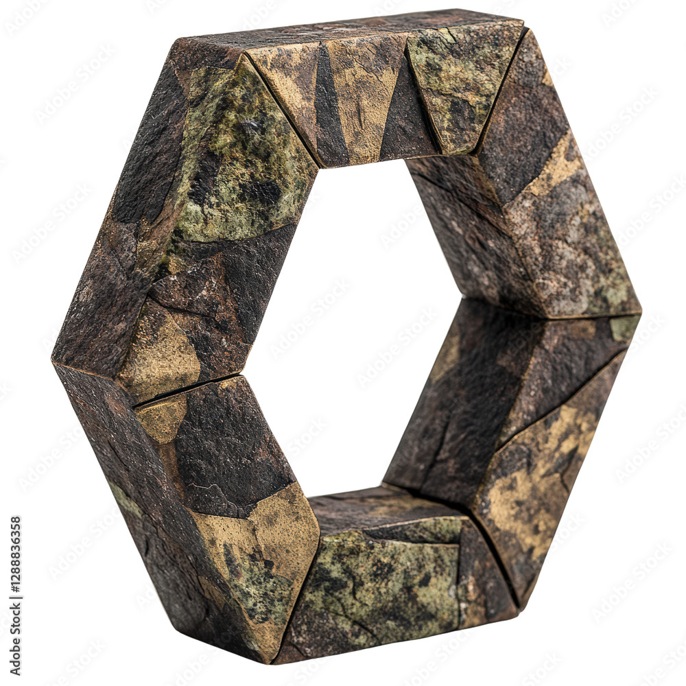Poster hexagonal geometric object on a black background with intricate details and textures isolated on tra