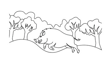 Wild Boar Running Through Forest, Line Art, Simple Drawing, Nature Scene, Black and White, Woodland 