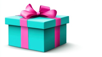 Teal gift box with a pink ribbon bow, isolated on white background. Perfect for celebrations, holidays, or special occasions