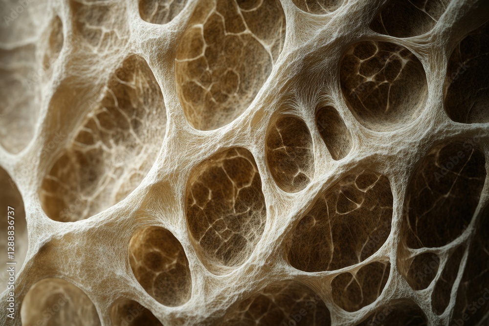 Poster Close-up view of intricate trabecular bone structure, showcasing its porous and interconnected network.