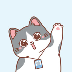 A cute gray and white cartoon cat with big sparkling eyes and rosy cheeks excitedly waves its paw. The cat wears an ID badge, giving a playful professional or official look. 