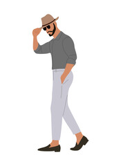 Stylish young man wearing summer street fashion outfit. Handsome Business man characters in smart casual office clothes, hat, sunglasses. Vector realistic illustration isolated