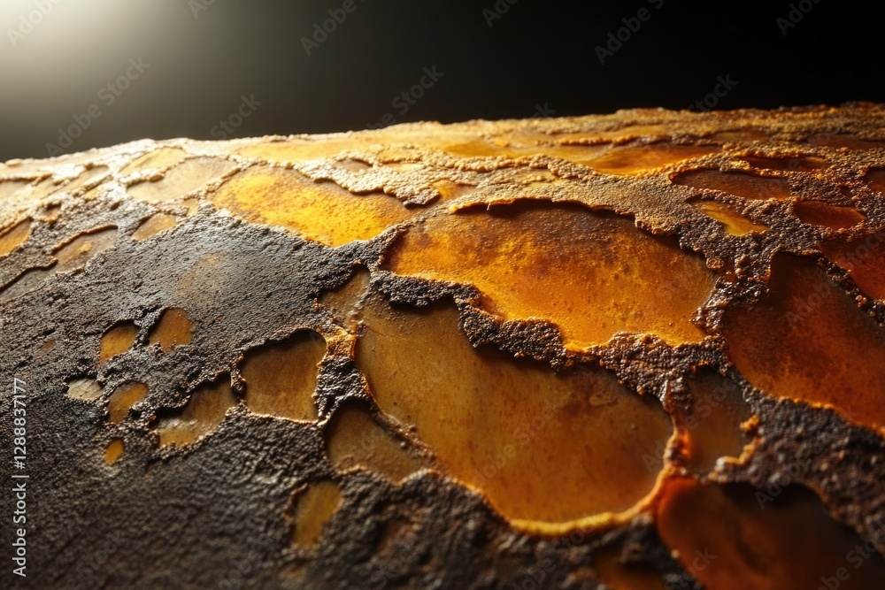 Fototapete close-up of severely corroded metallic surface showing extensive rust and pitting damage.