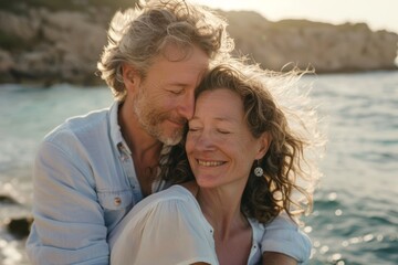 Obraz premium Portrait of a joyful caucasian couple in their 40s sharing a hug on the seashore