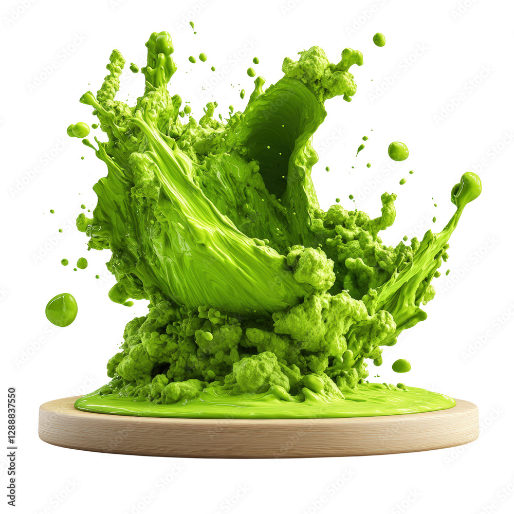 Poster green liquid splashing on wooden plate creating dynamic and vibrant motion effect in the image isola