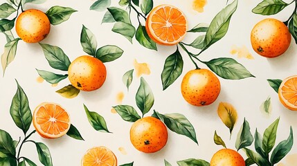 Obraz premium Oranges, leaves, watercolor pattern