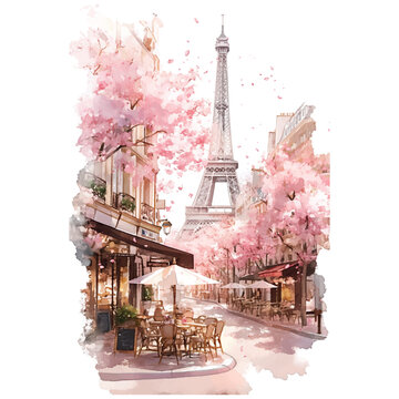 A painting of a street scene with a pink tree in the background and a large Eiffel tower in the foreground. The scene is set in Paris and features a cafe with several chairs and tables