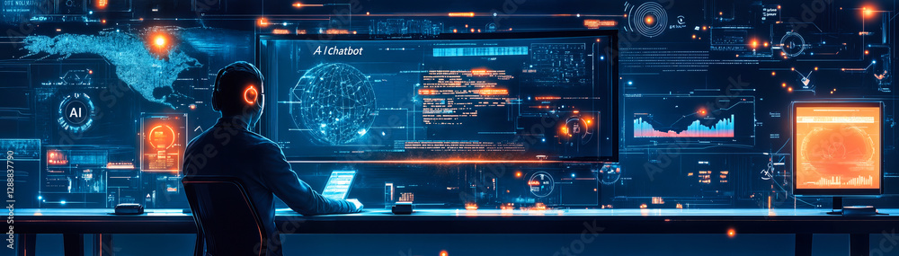 Poster adaptive ai chatbot interface in futuristic command center for real-time interaction and model selec