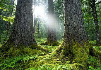 Sunlight streams through a lush forest, illuminating moss covered tree bases and the vibrant green undergrowth. A tranquil and serene forest scene