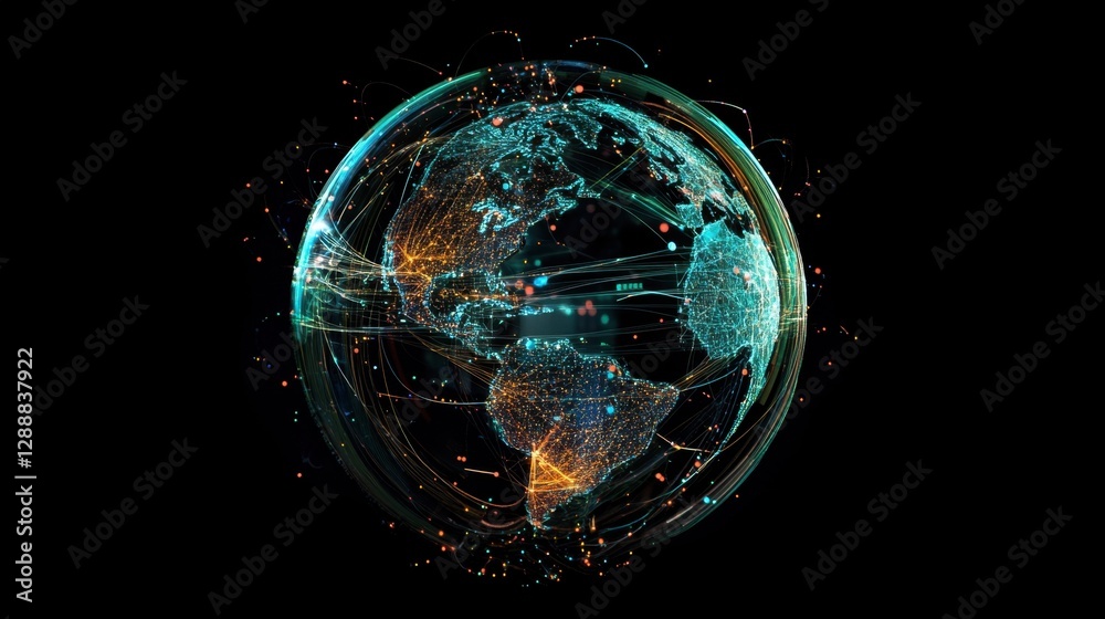 Poster 3d globe with bright network paths and database symbols, futuristic connectivity visualization