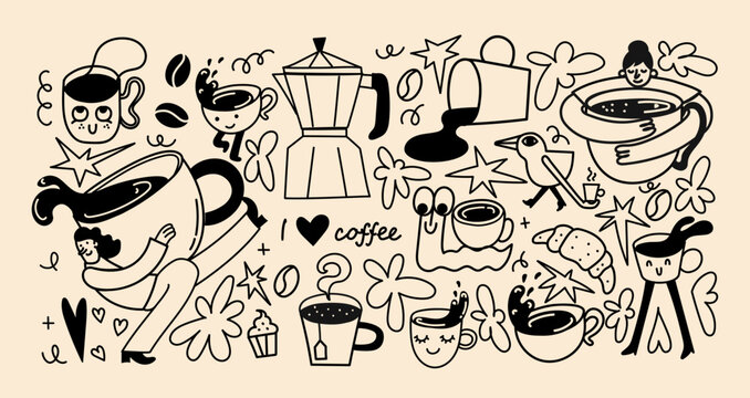 Coffee house, cafeteria, cafe stickers with cute lettering quotes, mugs and takeaway cups vector illustration set isolated on the background. Menu design elements, logo and badges collection