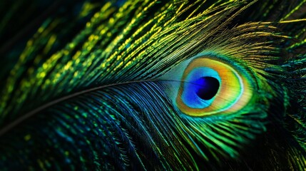 Obraz premium Close-up of vibrant peacock feather with iridescent colors and eye pattern