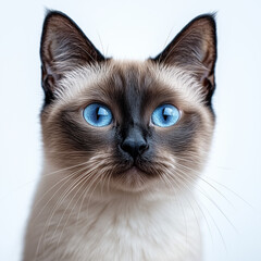 Siamese Cat Face Close-up with Blue Eyes Isolated on White Background