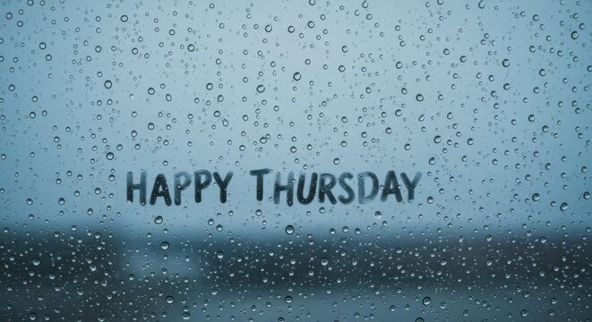Happy Thursday Message on Rainy Window with Water Droplets Texture