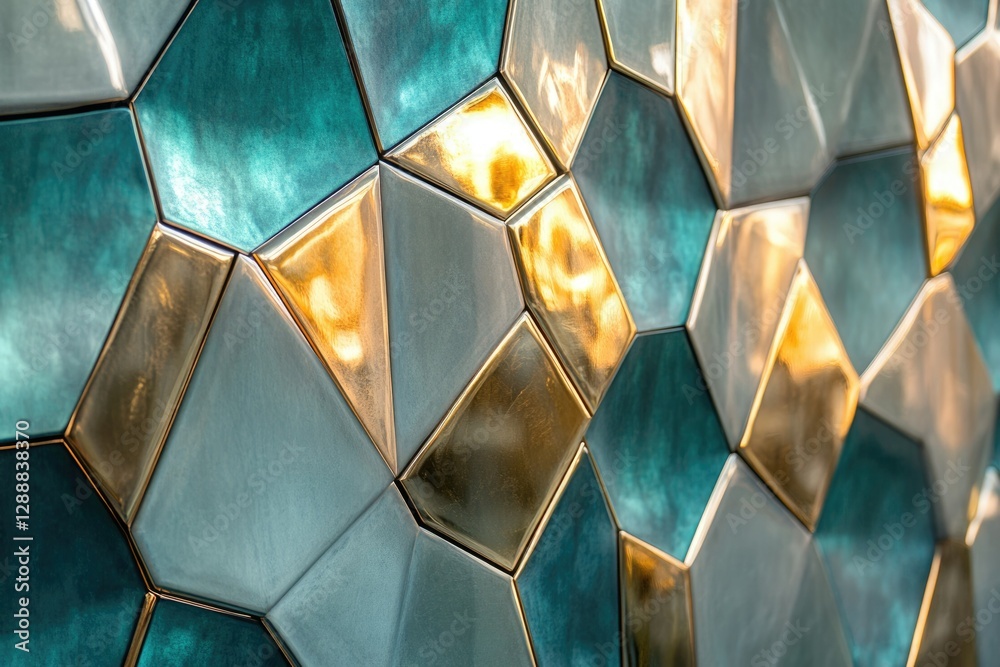 Aufkleber Abstract geometric pattern of teal and gold metallic tiles, creating a luxurious and modern design.