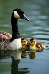 Obraz premium Canada geese family swims, goslings nestled close, goslings, family, habitat